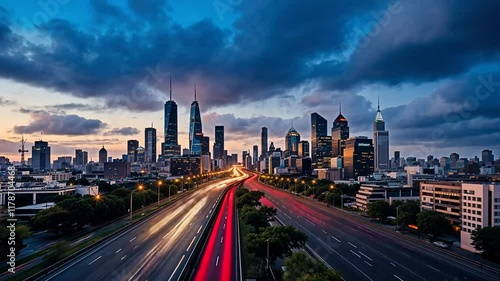 Time-Lapse Of A Vibrant City Skyline At Night With Illuminated Streets, Heavy Traffic, And Towering Skyscrapers Under A Twilight Sky