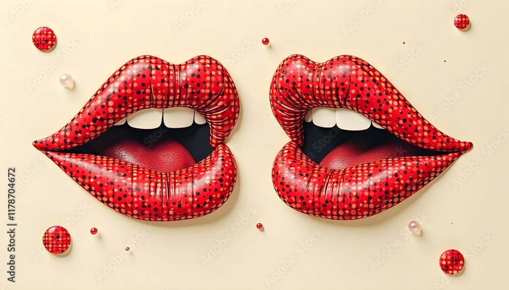 Fototapeta premium An illustration of dotted vintage modern illustration of halftone male and female lips, cut out of paper with spech bubbles. This is a Y2K collage element