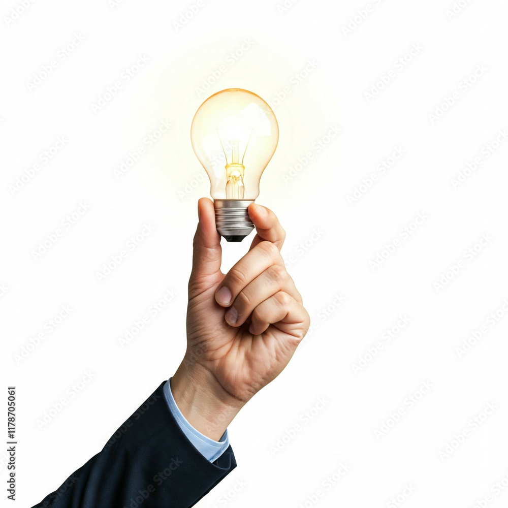 a businessman holding a lightbulb in his hand with a white background. the lightbulb is glowing and there is a bright white light coming from it. the businessman is wearing a dar a businessman holding a lightbulb in his hand with a white background. the lightbulb is glowing and there is a bright white light coming from it. the businessman is wearing a dar