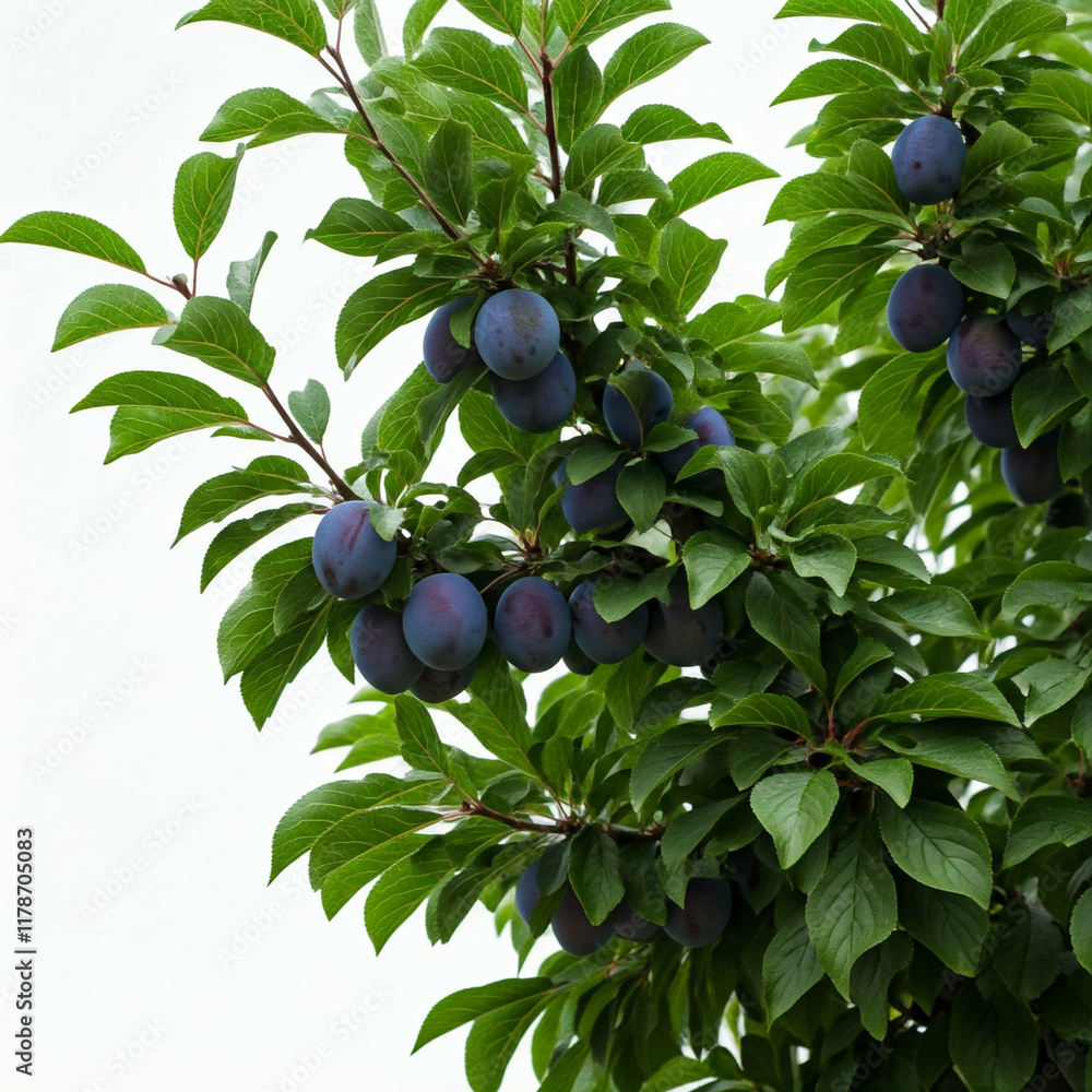 close up image of ripe plums on a tree branch with lush green leaves close up image of ripe plums on a tree branch with lush green leaves