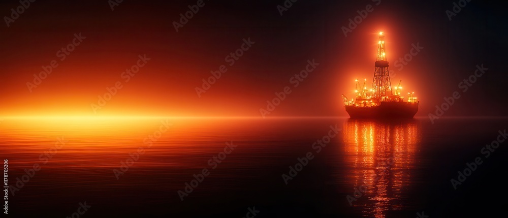 Fototapeta premium An illuminated oil rig stands in calm waters at dusk, surrounded by a glowing horizon, creating a dramatic, serene atmosphere.