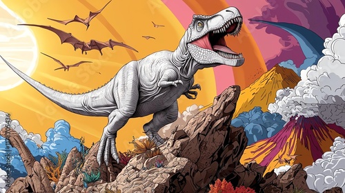 Vibrant dinosaur illustration showcasing a T-Rex roaring atop rocky terrain under a colorful sky with flying pterosaurs. photo