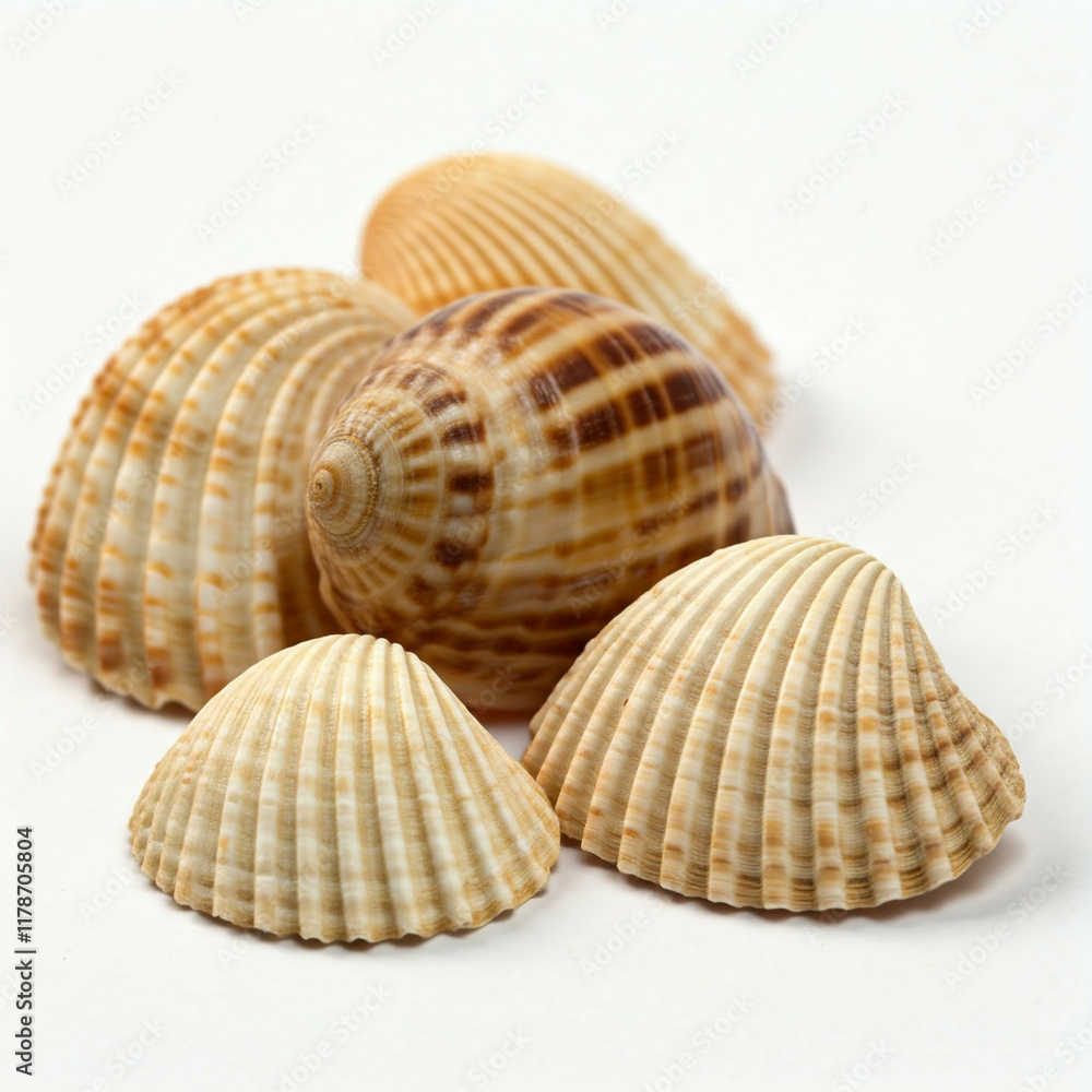close up of beautiful seashells on a white background close up of beautiful seashells on a white background
