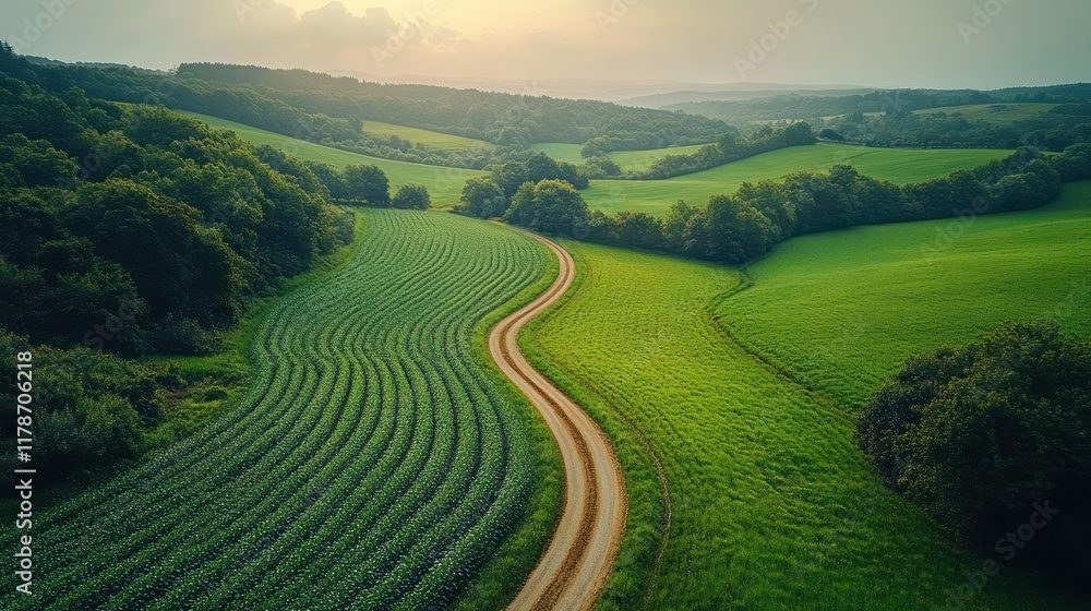 Fototapeta premium Serene Countryside: Aerial View of Rolling Hills and Winding Road