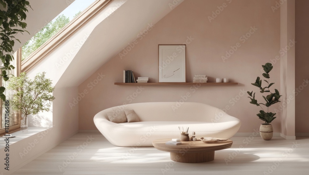 Serene attic room with beige sofa, natural light, and plants. Serene attic room with beige sofa, natural light, and plants.