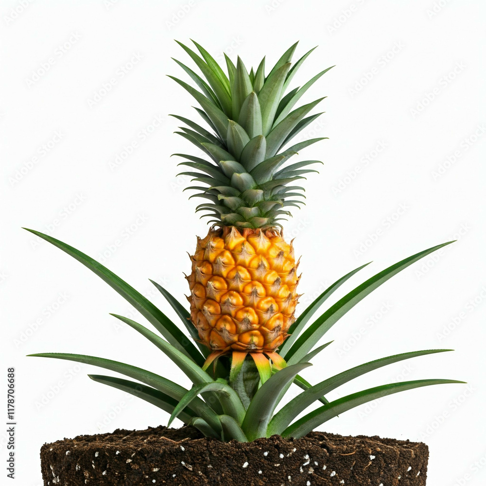closeup of a small green pineapple plant growing in soil on a white background closeup of a small green pineapple plant growing in soil on a white background
