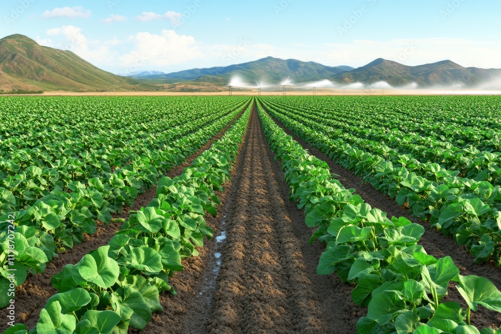 Verdant Agricultural Landscape with Irrigation System and Mountain Views Verdant Agricultural Landscape with Irrigation System and Mountain Views
