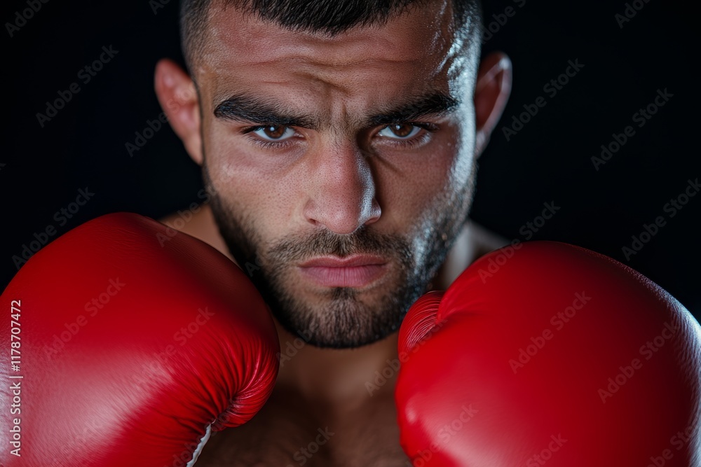 Focused Boxer with Red Gloves Ready for Action in Intense Portrait Focused Boxer with Red Gloves Ready for Action in Intense Portrait