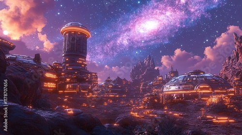 A futuristic alien outpost with glowing structures and a massive galaxy in the sky