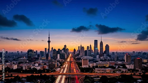 Time-Lapse Of A Vibrant City Skyline At Night With Illuminated Streets, Heavy Traffic, And Towering Skyscrapers Under A Twilight Sky