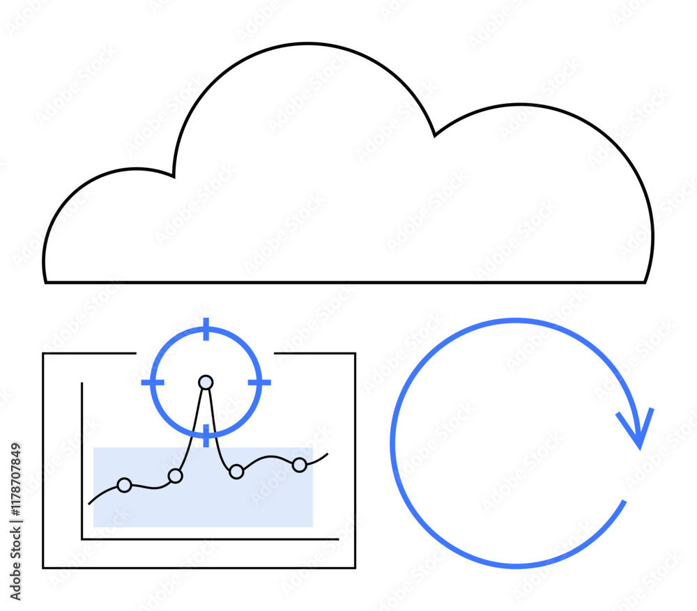 Cloud, graph with target focus, and circular arrow represent data analysis, system updates, and continuous improvement. Ideal for technology, innovation, efficiency, cloud storage automation IT Cloud, graph with target focus, and circular arrow represent data analysis, system updates, and continuous improvement. Ideal for technology, innovation, efficiency, cloud storage automation IT