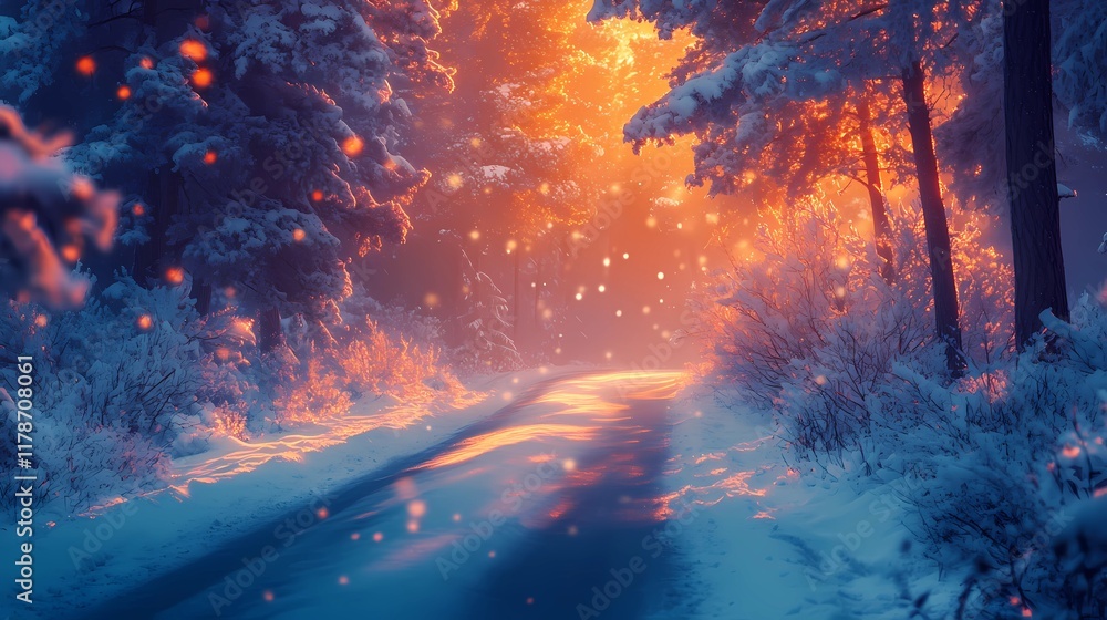 Fototapeta premium Soft blurred bokeh lights twinkling gently above a quiet forest road covered in snow evoking a tranquil seasonal holiday ambiance