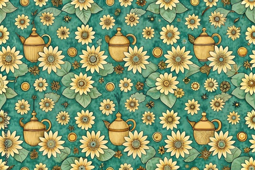 Seamless Floral Pattern with Yellow Flowers and Green Leaves