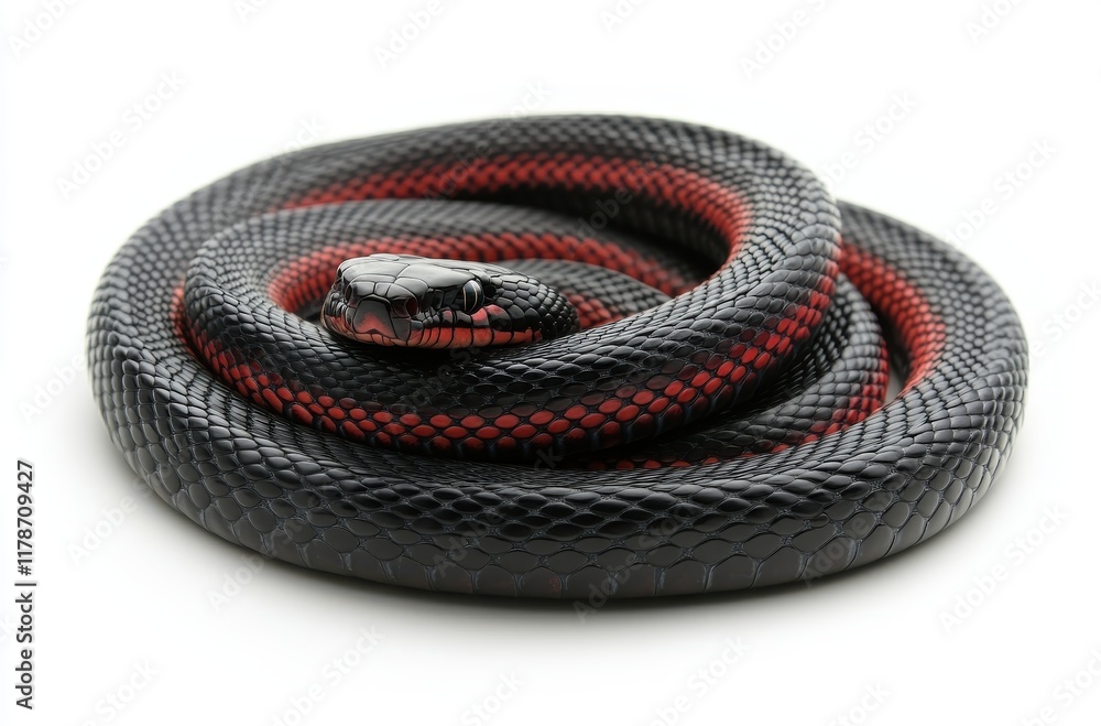 Intriguing Black and Red Snake Coiled in a Circular Position on a Pure White Background, Perfect for Wildlife, Nature, and Reptile Photography Projects Intriguing Black and Red Snake Coiled in a Circular Position on a Pure White Background, Perfect for Wildlife, Nature, and Reptile Photography Projects