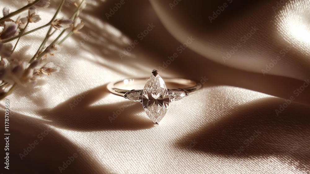Obraz premium Elegant marquise diamond ring with sparkling accents on satin fabric