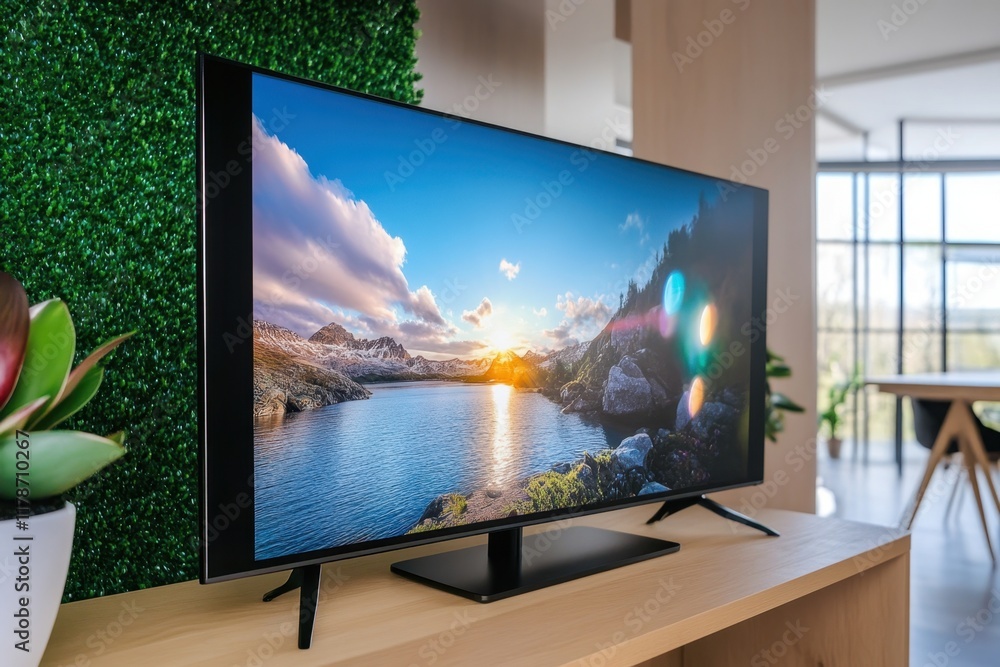 Fototapeta premium Modern television displaying a serene landscape view in a stylish living room setting