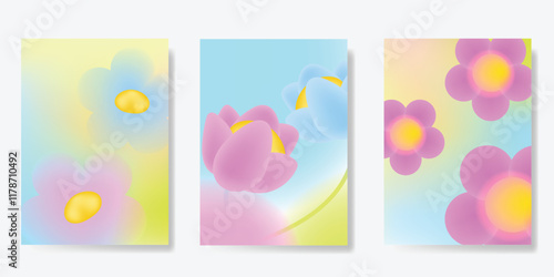 Abstract colorful gradient flower card background set. Minimalist poster with tulip flower. Modern summer and spring wallpaper design for home decoration, website, banner, ads.