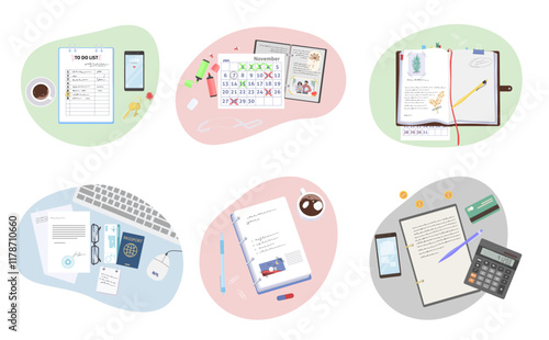 Different office paper documents, business diary notebook, to-do list, tax assess bill, computer keyboard, calculator, smartphone, travel accessories at workplace top view composition isolated set