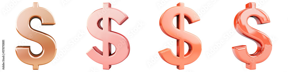 Obraz premium Digital marketing element collection. Four stylized dollar signs in varying colors on a transparent background.