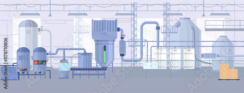 Factory floor indoor interior design with variety of production equipment and facilities vector illustration
