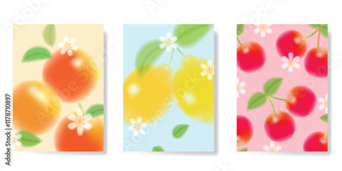 Abstract colorful gradient fruit and flower card background set. Minimalist poster with flower, lemon, cherry, orange. Modern summer and spring wallpaper design for home decoration, banner, ads.
