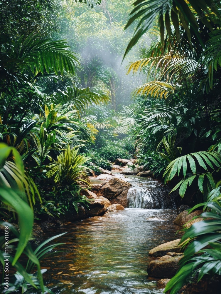 Fototapeta premium Exploring serene waterfall in lush jungle nature photography tranquil environment aerial perspective peaceful concept