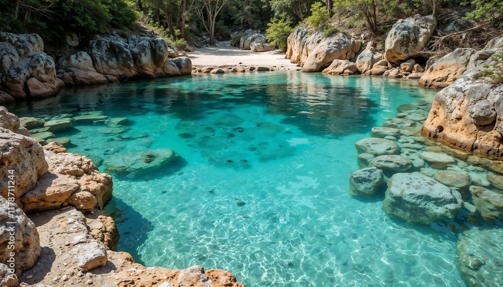 Close-up of the iconic champagne pools at Fraser Island. Clear turquoise waters surrounded by natural rocky formations. Sunlight sparkling on the surface. Peaceful and tropical setting. Close-up of the iconic champagne pools at Fraser Island. Clear turquoise waters surrounded by natural rocky formations. Sunlight sparkling on the surface. Peaceful and tropical setting.