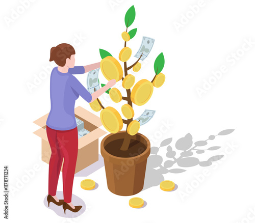 Businesswoman cultivating money tree hanging dollar coins and banknote to increase revenue, financial income and return of investment vector illustration