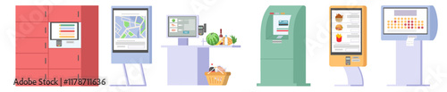 Self ordering kiosk terminals with digital interactive touchscreen isolated set. Service board, food delivery, cashier desk, atm and checkout machine vector illustration