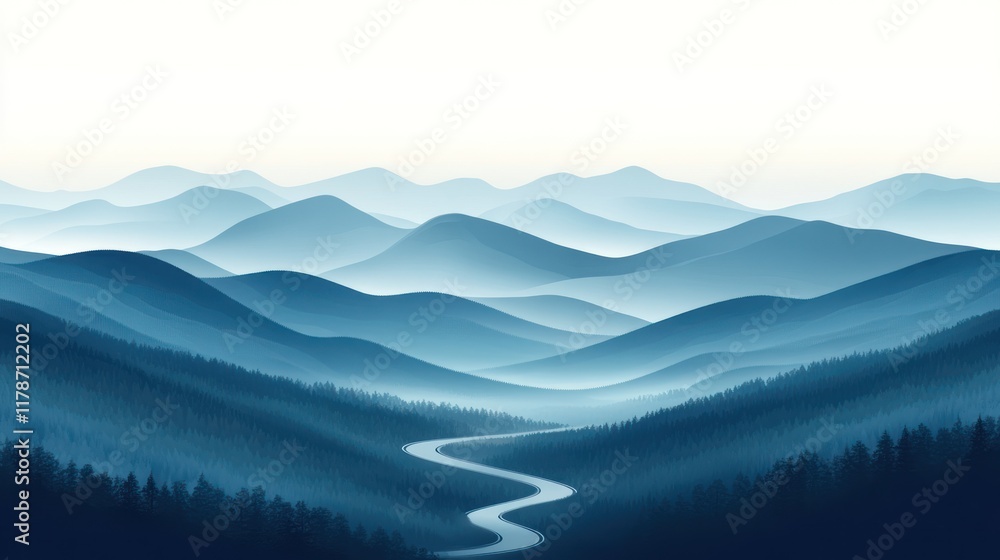 Fototapeta premium Serene blue mountain range landscape with winding road.