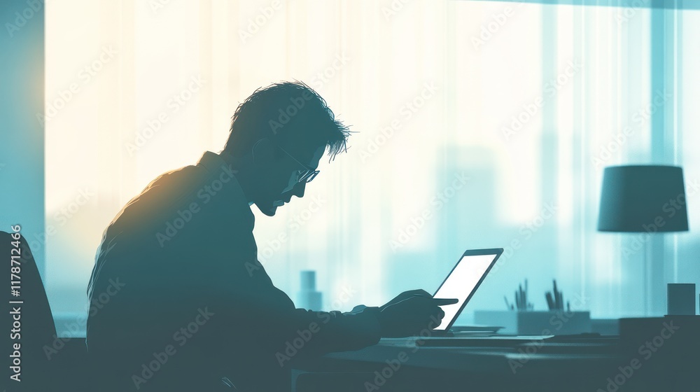 Man working on laptop at desk, backlit by window.