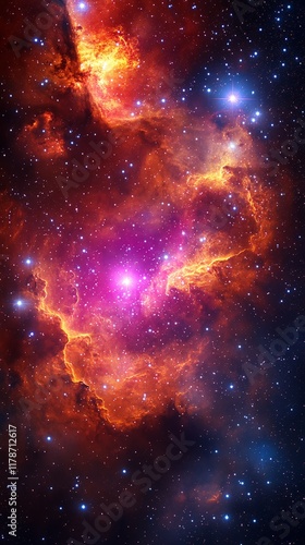 Wallpaper Mural nebula explodes with vibrant hues of fiery orange and deep crimson, punctuated by brilliant blue stars. Phone wallpaper. Torontodigital.ca