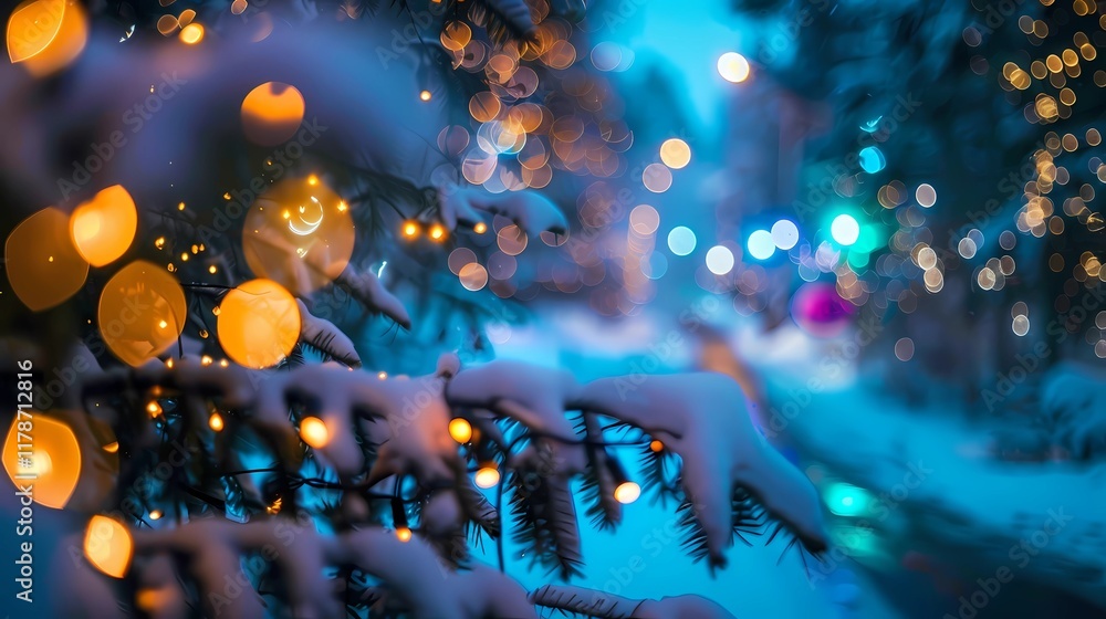 Soft blurred bokeh lights twinkling gently above a quiet forest road covered in snow evoking a tranquil seasonal holiday ambiance Soft blurred bokeh lights twinkling gently above a quiet forest road covered in snow evoking a tranquil seasonal holiday ambiance