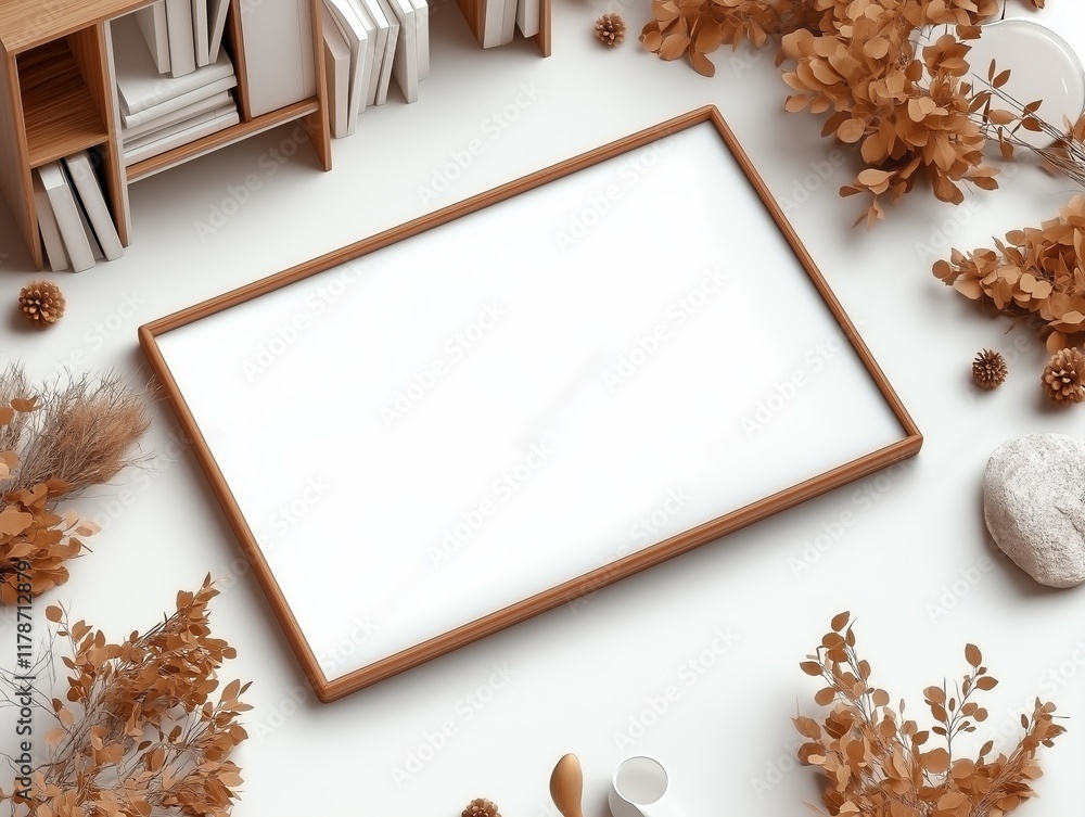 A wooden frame mockup surrounded by autumnal dried leaves, pinecones, and rustic decor elements, creating a warm and cozy seasonal composition A wooden frame mockup surrounded by autumnal dried leaves, pinecones, and rustic decor elements, creating a warm and cozy seasonal composition