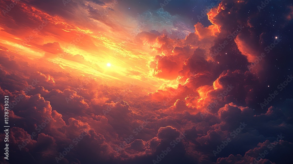 A breathtaking alien sunrise with glowing clouds and ethereal light rays A breathtaking alien sunrise with glowing clouds and ethereal light rays