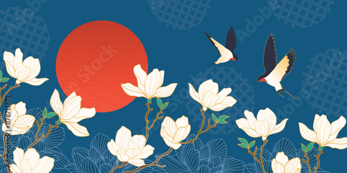 Chinese new year 2025 luxury pattern background vector. Oriental peony flower, swallow birds, moon on blue background. Design illustration for wallpaper, card, poster, packaging, advertising.