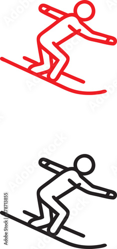 Minimalist ski icon, red and black versions, simple line drawing, stick figure skier, downhill slope, dynamic pose, winter sports symbol, graphic design element, clean lines, stylized representation, 