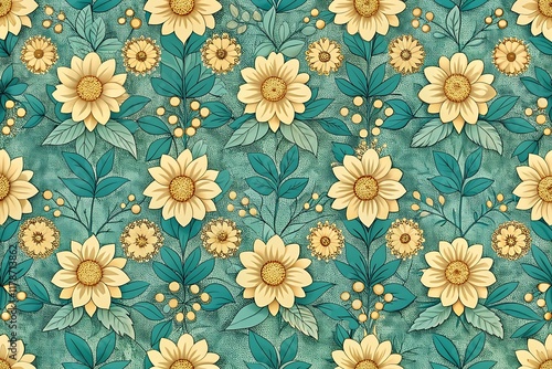 Seamless Floral Pattern with Yellow Flowers and Green Leaves