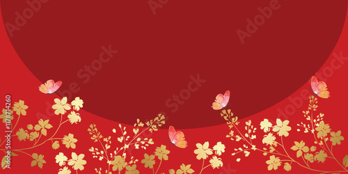Chinese new year 2025 luxury pattern background vector. Oriental flower, leaves branch, butterfly on red background. Design illustration for wallpaper, card, poster, packaging, advertising.