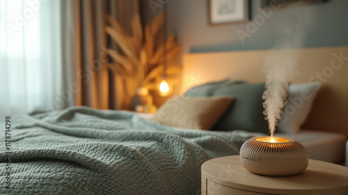 Cozy Bedroom Interior with Warm Lighting and Modern Humidifier and Diffuser for Home Aromatherapy. Enjoy Fragrant Steam and Improved Air Quality in Your Living Room, Bedroom