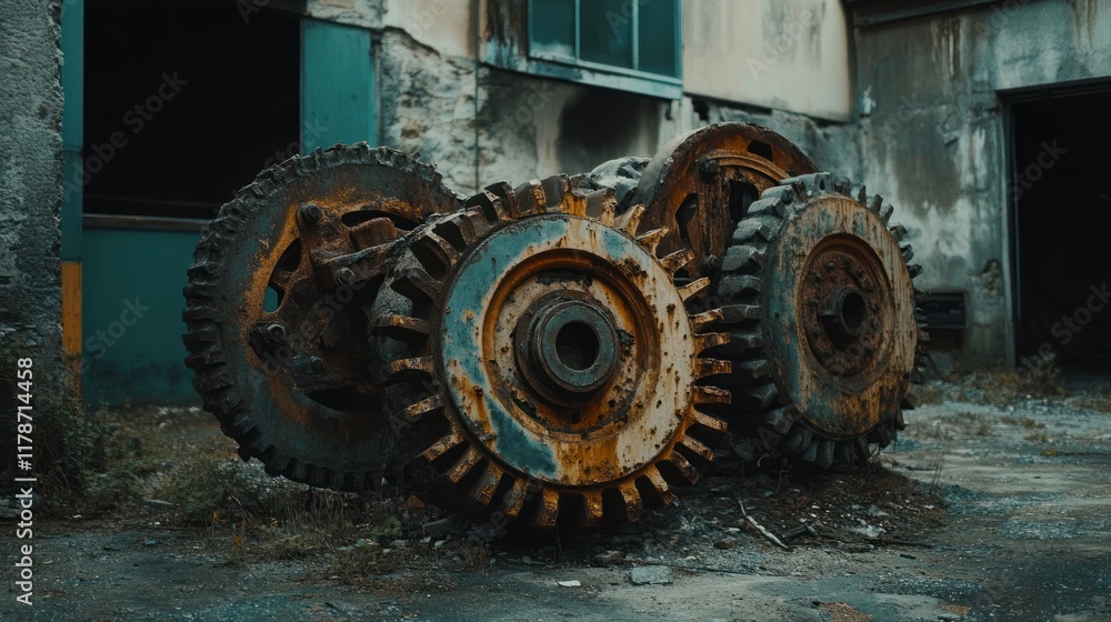 Rusty industrial wheels stacked in an abandoned space, showcasing decay and neglect. Rusty industrial wheels stacked in an abandoned space, showcasing decay and neglect.