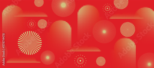Chinese new year 2025 luxury background vector. Chinese pattern, flower, firework, halftone texture on red background. Design illustration for wallpaper, card, poster, packaging, advertising.