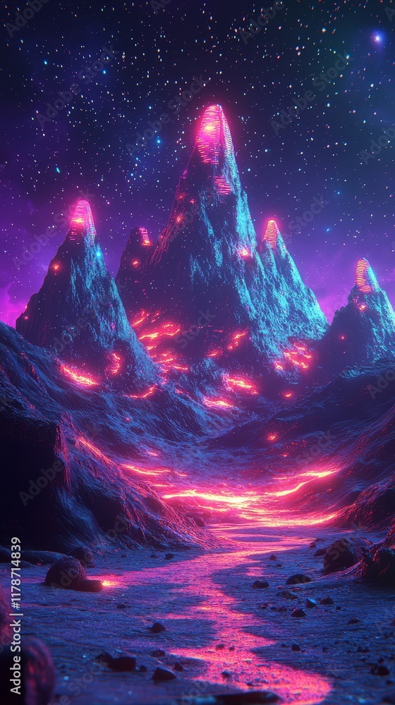 glowing pink and purple mountains under a starry night sky. Phone wallpaper. glowing pink and purple mountains under a starry night sky. Phone wallpaper.