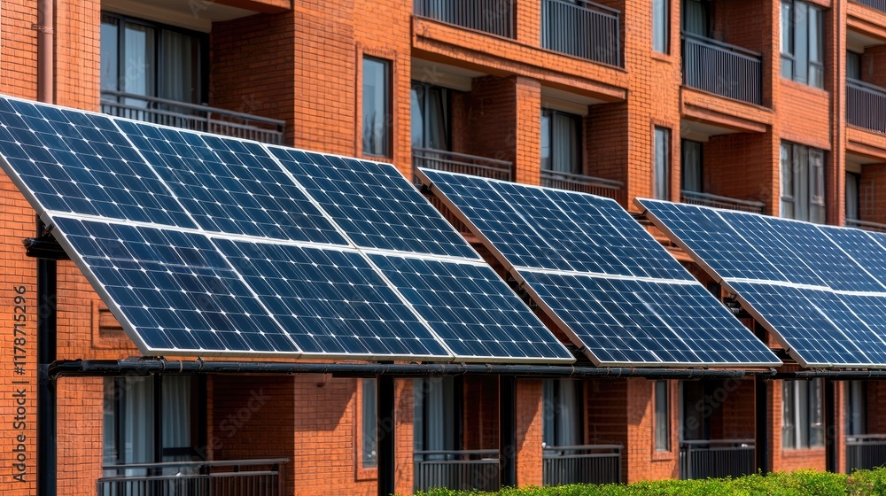 Fototapeta premium Harnessing solar energy solar panels installation on modern apartments urban environment daylight concept