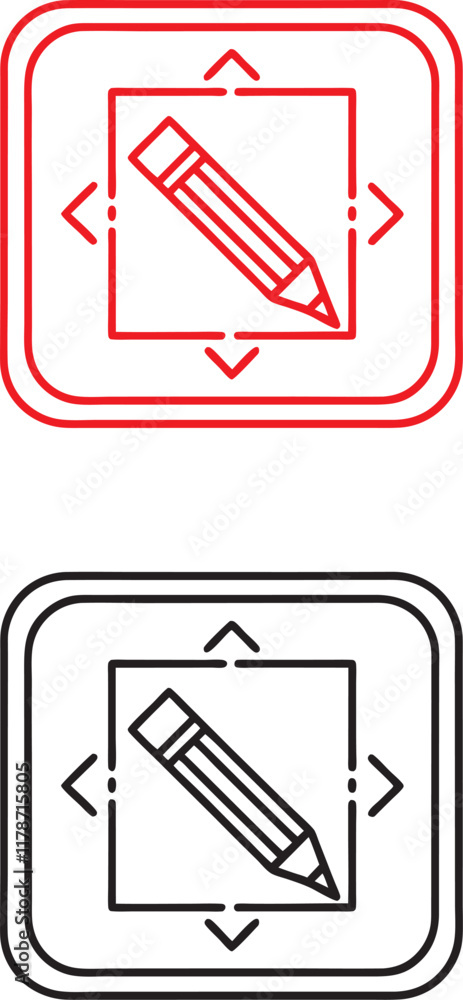 Red icon, white background, square shape, pencil symbol, writing tool, simple design, minimalist illustration, bold outline, graphic element, user interface, edit icon, note-taking symbol, black and w Red icon, white background, square shape, pencil symbol, writing tool, simple design, minimalist illustration, bold outline, graphic element, user interface, edit icon, note-taking symbol, black and w