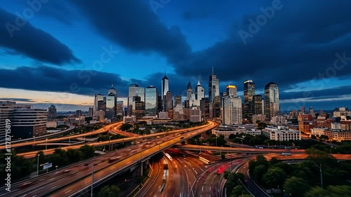 Time-Lapse Of A Vibrant City Skyline At Night With Illuminated Streets, Heavy Traffic, And Towering Skyscrapers Under A Twilight Sky
