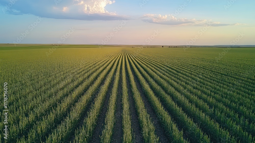 Aerial view of lush green crop fields with neatly arranged rows under a clear sky. Aerial view of lush green crop fields with neatly arranged rows under a clear sky.