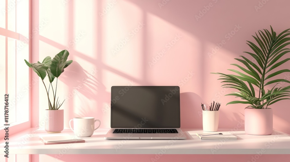 Fototapeta premium Minimalist pink workspace with laptop, plants, and coffee.