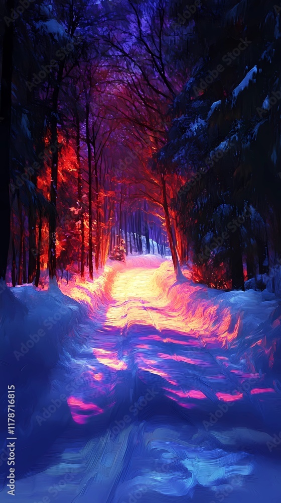 Fototapeta premium Blurred warm light clusters illuminating a snowy path surrounded by dense forest evoking a tranquil and magical winter setting