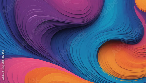  Vibrant abstract wave pattern in bold colors of blue, purple, orange, and red, creating a dynamic and visually captivating digital art piece. photo